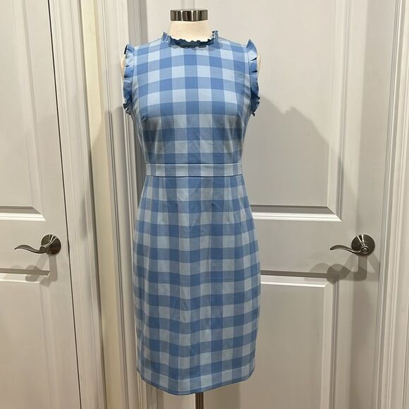 New! J. Crew Ruffle-trim sheath dress in gingham stretch crepe Blue Size 4 NWT - Picture 4 of 16